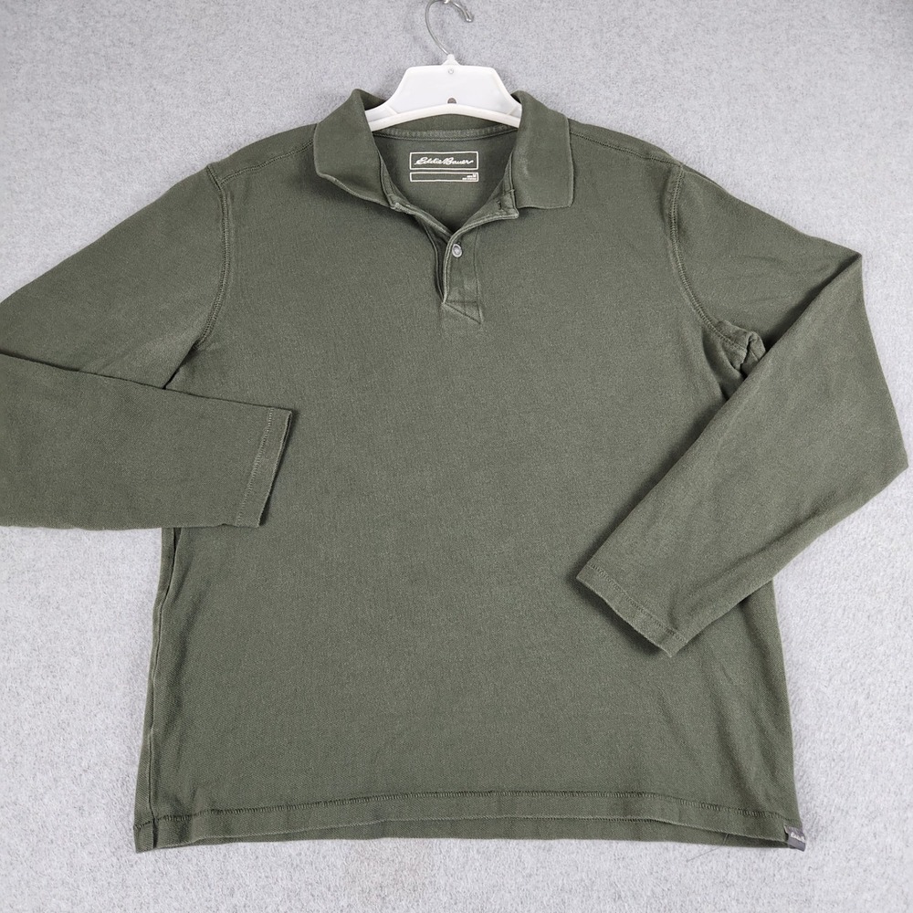 Eddie Bauer Polo Shirt Mens Medium Olive Green Regular Fit Long Sleeve Collared